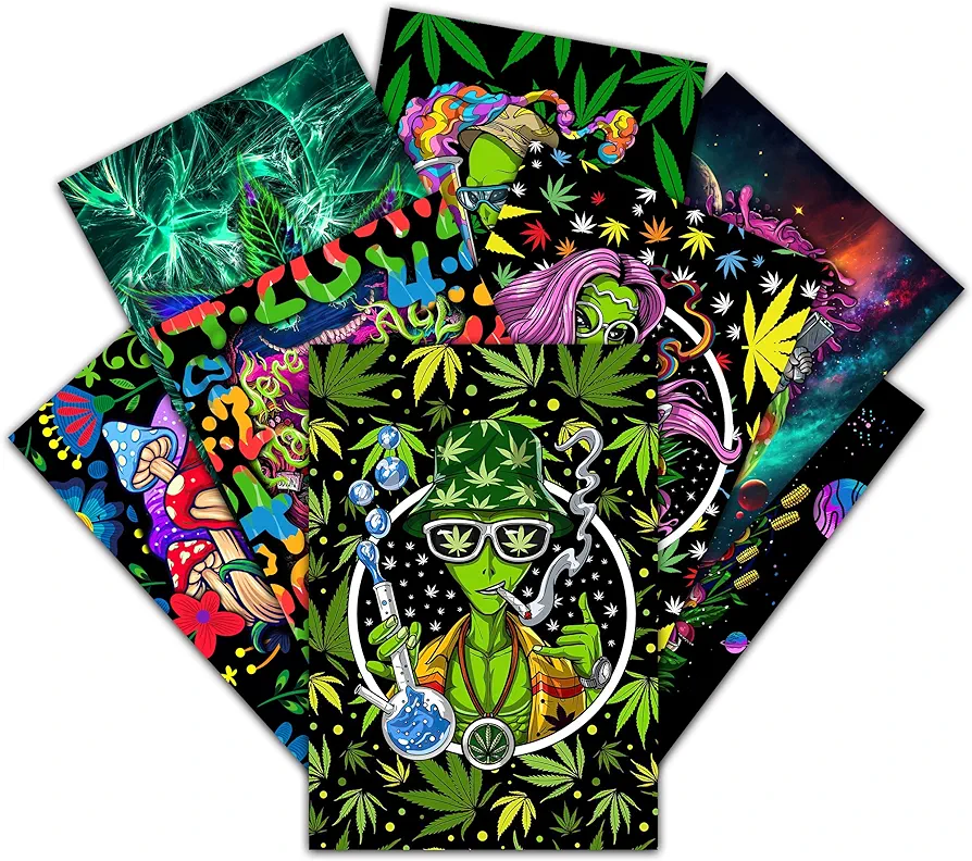 moriso Weed Posters (8 Pack) 11.4" x 16.5" Alien Marijuana Leaf Merchandise Hippie Trippy Drippy Poster Art Print Home Living Room Psychedelic Tie Dye Stoner Decor Unframed