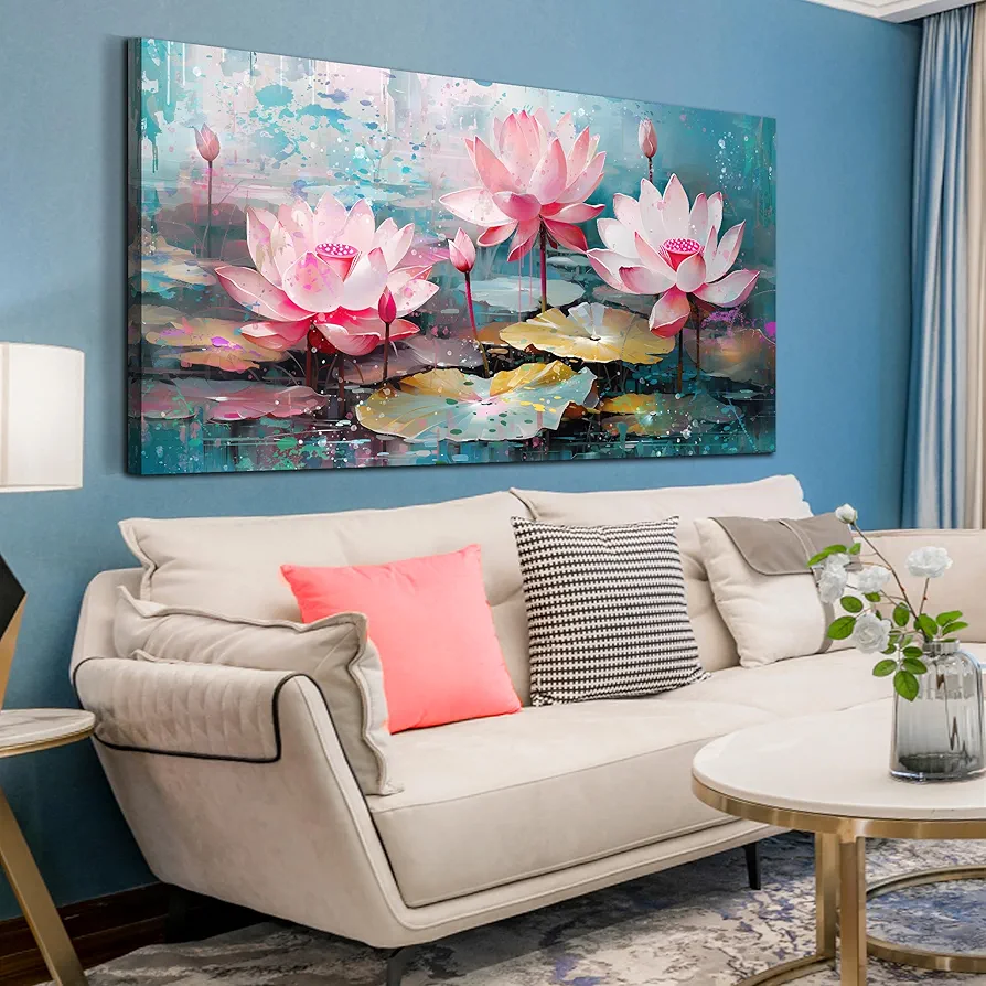 THRLVEART Lotus Wall-Art for Living Room - Pink Flower Wall Art for Teen Girls Bedroom Ready to Hang Size 24" x 48"