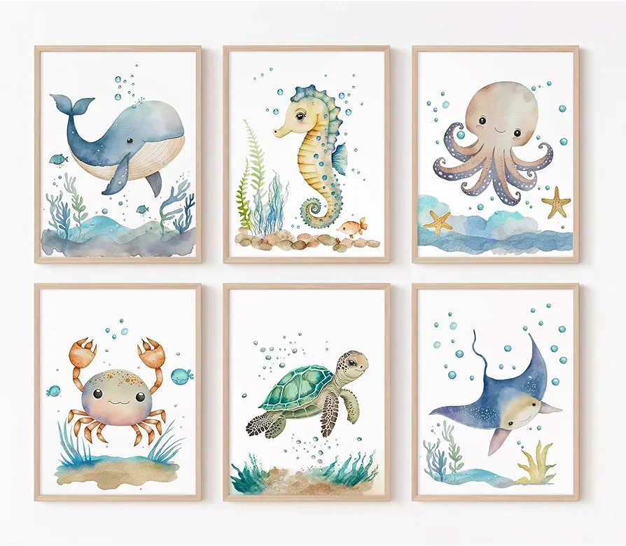 Joocrise Nursery Sea Animal Wall Decor Set of 6 Ocean Watercolor Canvas Wall Art Baby Boys Room Wall Art Ocean Sea Animal Pictures Kids Girl Art Prints Nursery Artwork for Bedroom 8x10 Inch Unframed