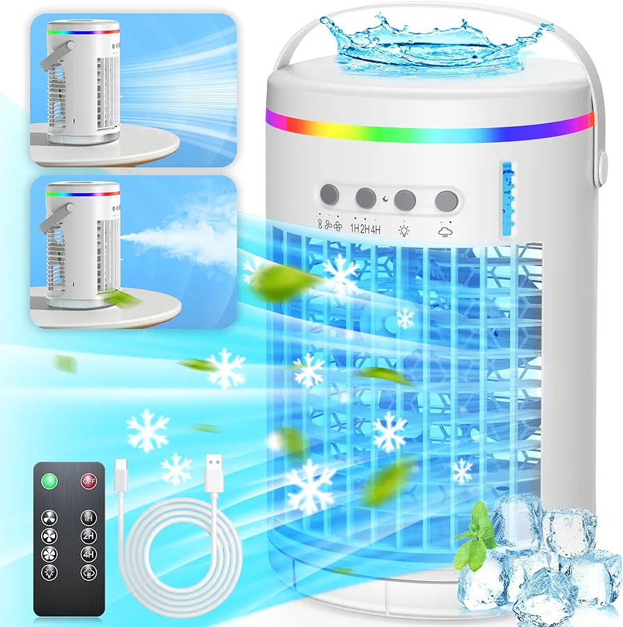 Portable Air Conditioners with remote,1400ml Evaporative Mini Air Conditioner with 3 Speeds,7 Colors Light Personal Air Conditioner, Portable AC Air Cooler for Room Bedroom Office Desk