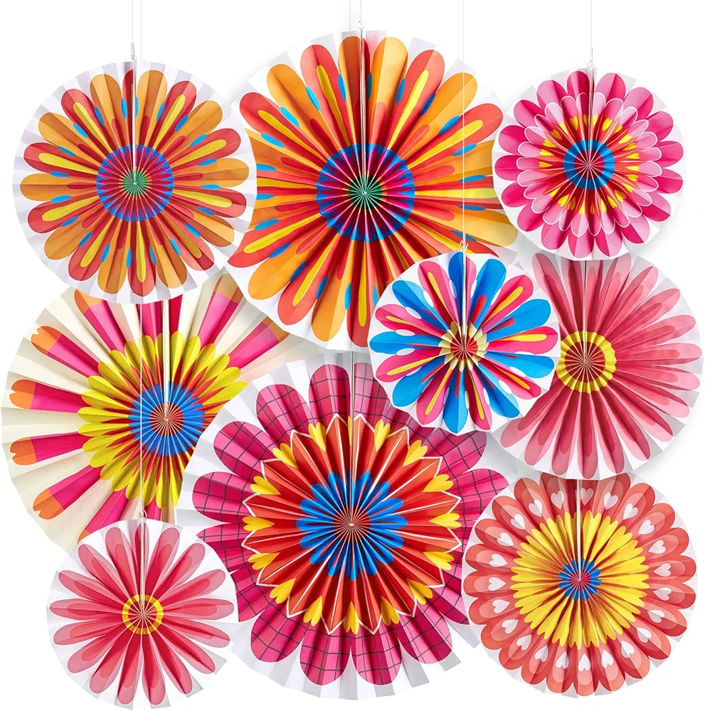 SUNBEAUTY 9 PCS Flower Decorations Hanging Carnival Paper Fans Decorations Flower Paper Fans Classroom Decorations Paper Flowers Decorations for Wall Spring Decorations