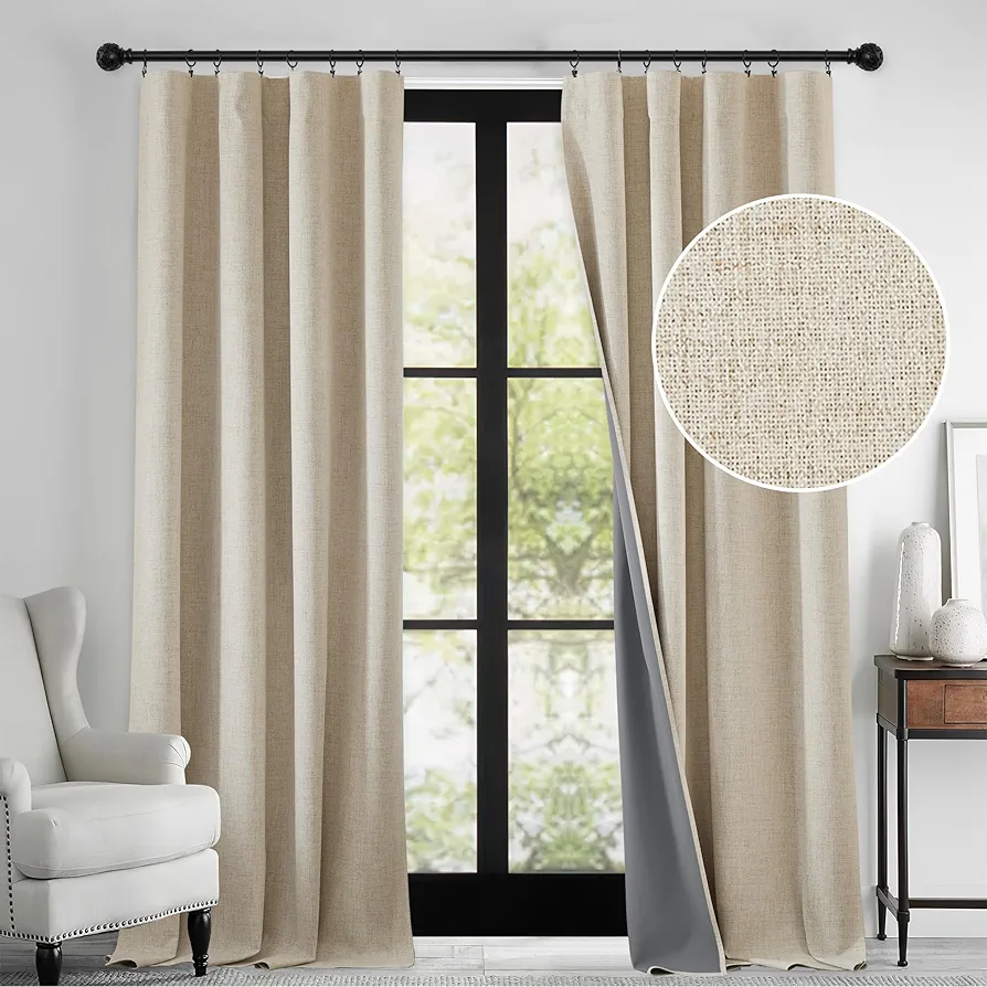 RYB HOME 100% Blackout Linen Textured Curtains 90 inches Long, Thermal Insulating Privacy Energy Saving for Bedroom Living Room Window Office Theater Dining Nursery, W 52 x L 90 in, Linen, 2 Panels