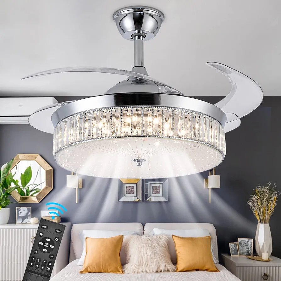 42" Retractable Crystal Ceiling Fans with Lights, Stepless Dimmable Chandelier Ceiling Fans Remote Control Invisible Blades, Reversible Fandelier Fans for Living Room Bedroom