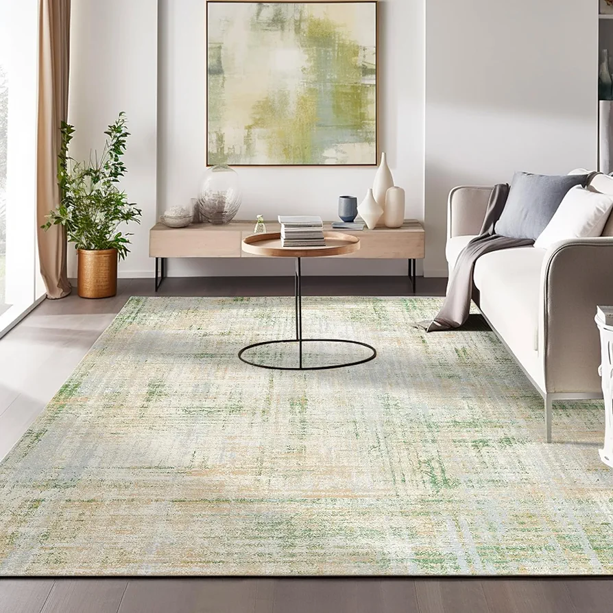 jinchan Area Rug 6x9 Abstract Sketch Distressed Green Multi Print Non-Slip Washable Rug Living Room Thin Rug Colorful Overdyed Mat Kitchen Rug Contemporary Carpet Bedroom Play Mat