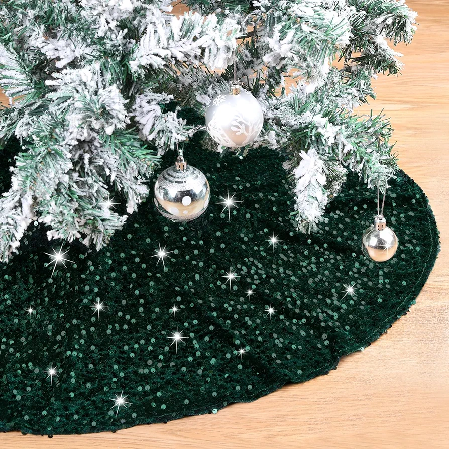 36 Inches Sequins Christmas Tree Skirt Emerald Green Small Velvet Tree Skirts Mats for 4ft Xmas Tree Decorations Living Room