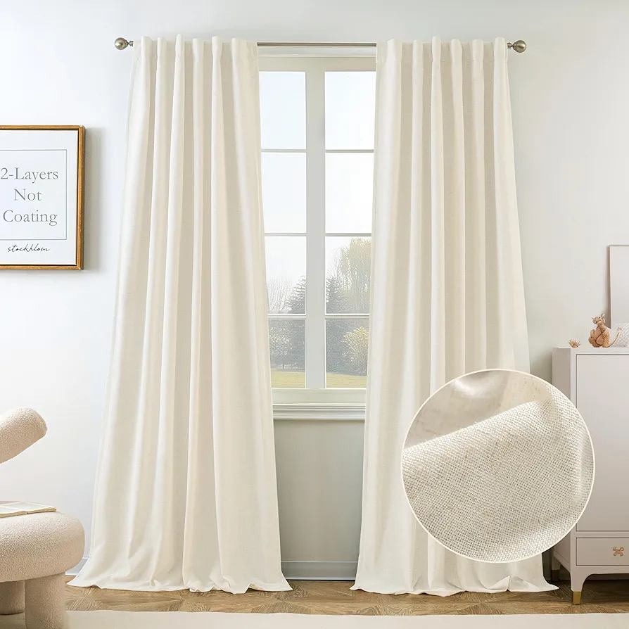 DriftAway 100% Blackout Linen Curtains for Bedroom 96 Inches Long Double Layer Drapes Farmhouse Thermal Insulated 3 Inch Rod Pocket Back Tab Full Light Blocking 2 Panels for Living Room Nursery