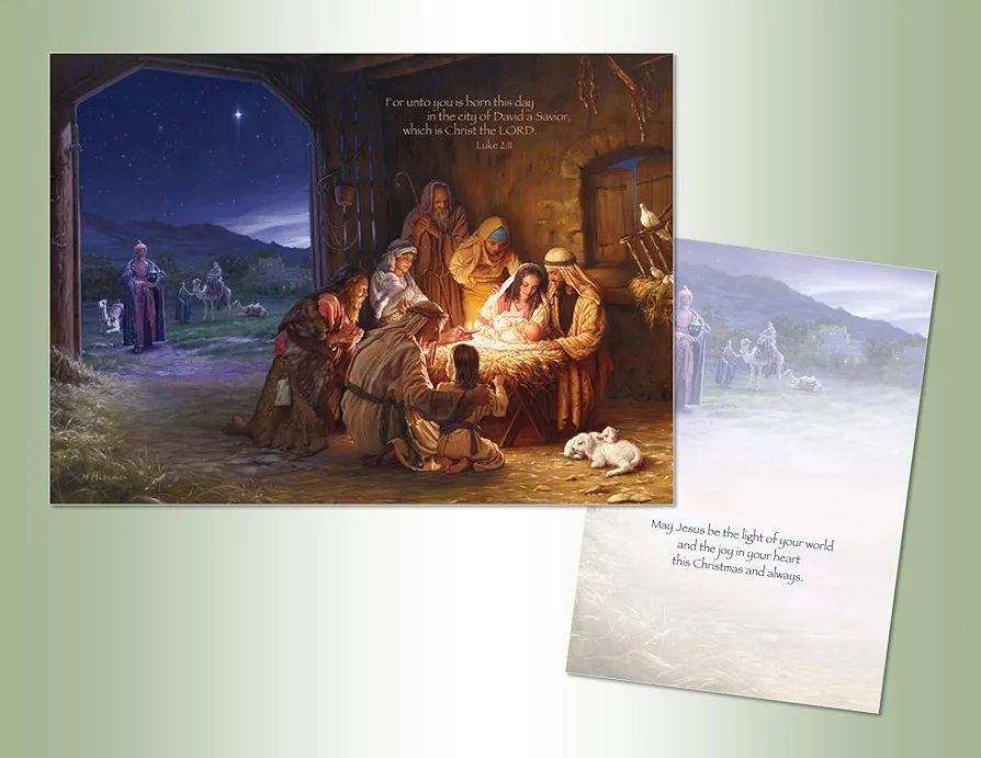 Lux Press LPG Greetings PREMIUM USA-MADE BOXED CHRISTMAS CARDS OF NATIVITY SCENE WITH BIBLE VERSE | 6 X 8 size | 16 Cards and 16 Envelopes per box | Soft Touch finish feels like Velvet | Full Color Inside Artwork with Religious Christmas Message