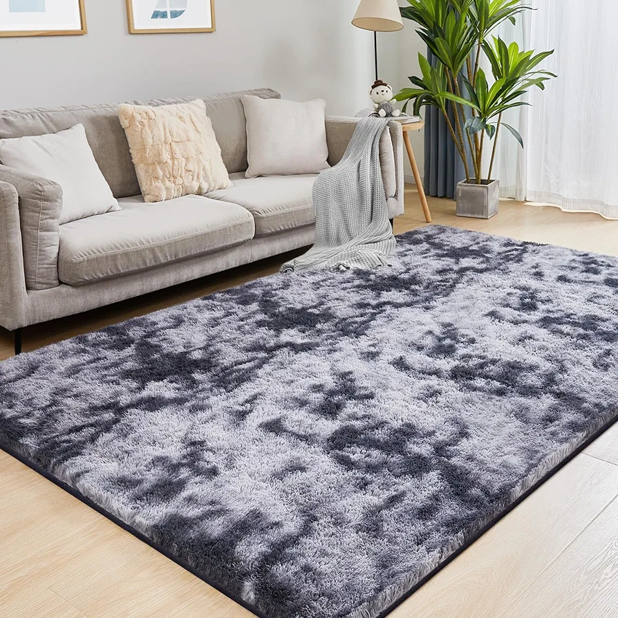 8x10 Fluffy Rugs for Living Room, Ultra Soft Plush Area Rug for Bedroom, Anti-Skid High Pile Indoor Carpet for Nursery, Kids Room, Playroom, Home Decoration, Tie-Dyed Dark Grey