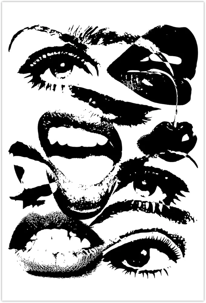 Vintage Funky Canvas Wall Art - 70s Quirky Girly Eyes Lips Room Aesthetics Poster - Preppy Black and White Abstract Prints - Trendy Downtown Girl Room Wall Decor for Bedroom Dorm 16x24in Unframed