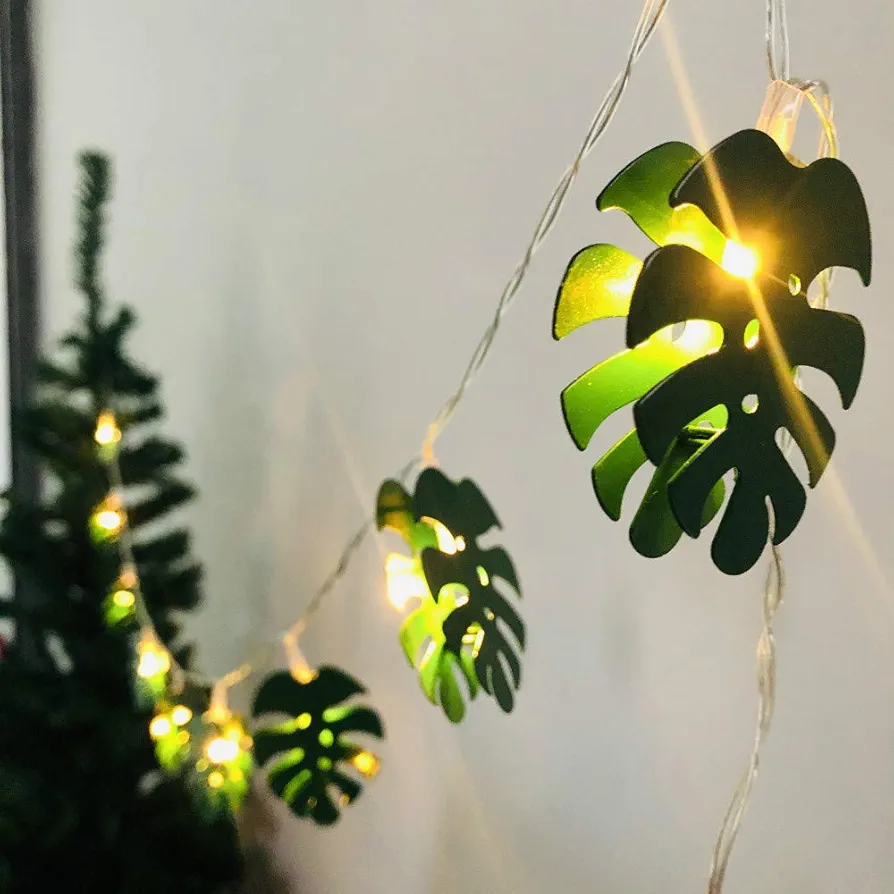 Tropical Palm Leaves String Lights LED Coper Wire Light Green Monstera Leaves Fairy Lights Battery Powered for Garden Dorm Bedroom Wedding Christmas Decoration (1.65m/10led, Turtle Leaf)