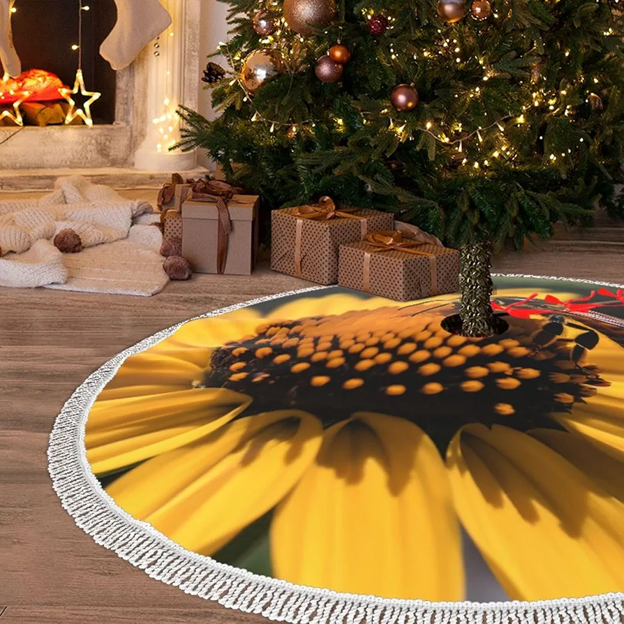 30" Christmas Tree Skirt with Tassel Yellow Flower with Black Bee Xmas Tree Skirts Tassel Tree Mat Ornament for Home Indoor Outdoor Room Holiday Decoration