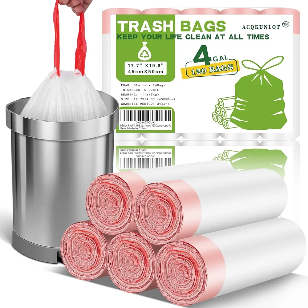 4 Gallon Small-Trash-Bag Kitchen-Garbage-Bags Drawstring - White For Bathroom Can Recycle Unscented Plastic Liners Little Office Compactor Strong Thick Waste Basket Restroom 120 Counts Acqkunlo