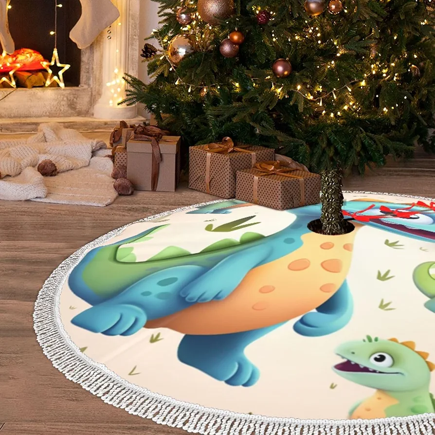 Christmas Tree Skirt with Tassel Cute Dinosaur 36" Xmas Tree Skirts Tassel Tree Mat Ornament for Home Indoor Outdoor Room Holiday Decoration