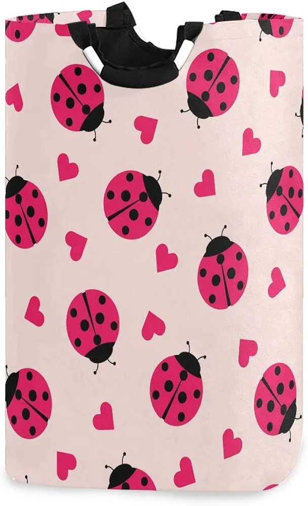 Cute Ladybug Hearts Laundry Basket Collapsible Laundry Hamper Foldable Dirty Clothes Bag Large Storage Basket with Handles for Kid Room Toy Bin Bathroom Clothing Organizer