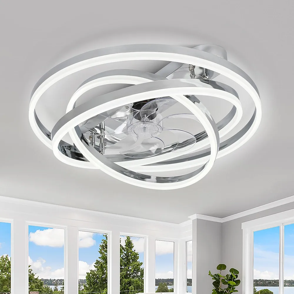 Ceiling Fans with Lights, 24" Modern Flush Mount Ceiling Fan with Lights, Shape-Changeable Low Profile Ceiling Fan with Light for Bedroom,Kids Room Chrome