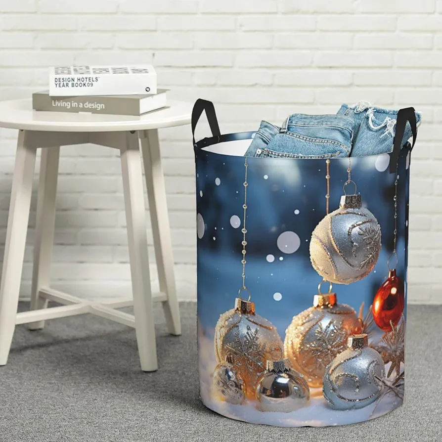 Laundry Basket Waterproof Laundry Hamper With Handles Dirty Clothes Organizer Christmas Ornaments On The Snow Print Protable Foldable Storage Bin Bag For Living Room Bedroom Playroom, Small