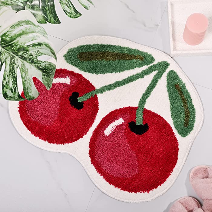 FROZZUR Cherry Bath Mat for Bathroom, Luxury Bathroom Mats Non Slip Cute Fruit Shaped Absorbent Bathtub Rug Bathroom Tub Plush Shower Rugs Washable