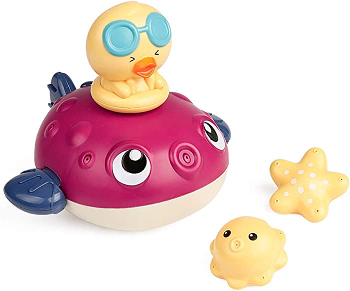 NEXTAKE Kids Bath Toy Electric Water Spray Toy Bathtub Pool Fountain Toy Pumping Sprinkler Squirt Toy with 3 Shower Heads for Toddlers (Pufferfish-Rose Red)