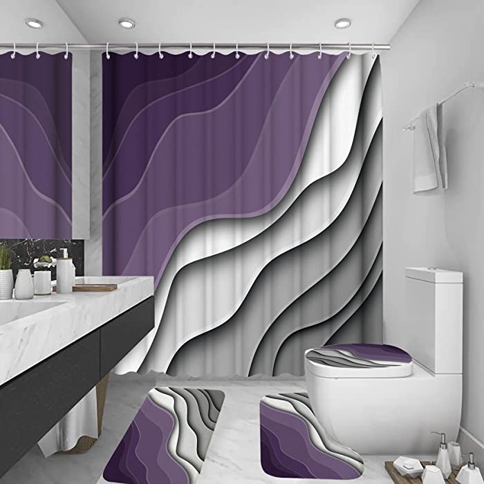 ALEXEX 4Pcs Purple Ombre Shower Curtain Sets, Bathroom Decor Sets, Abstract Shower Curtain with 12 Hooks, Bath Mat, Toilet Lid Rug and Non-Slip U Shape Mat Accessories Waves Print, 72 x 72 Inch