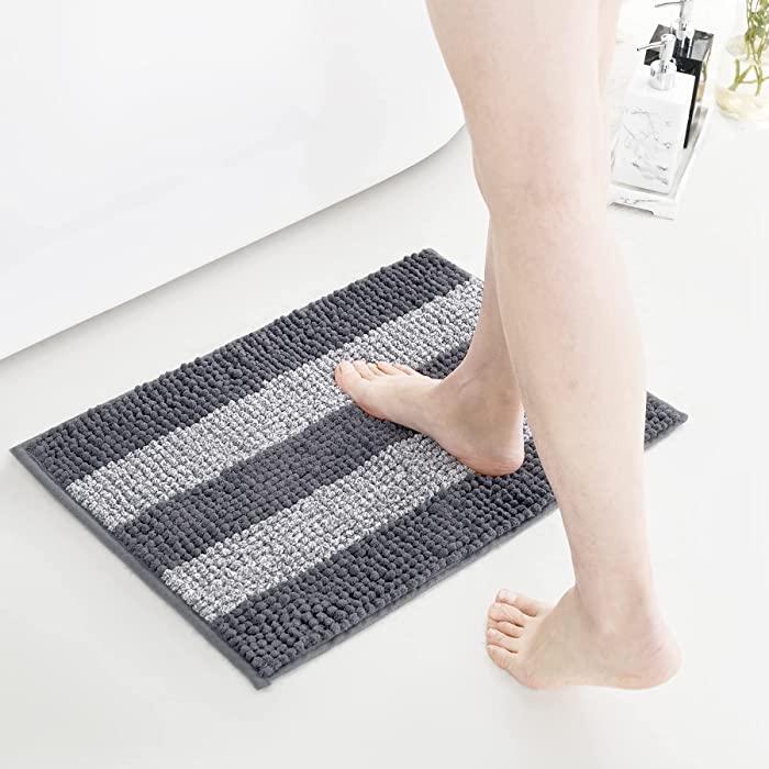 Bathroom Rugs,Chenille Bath Mats for Bathroom Non Slip,Extra Soft Bathroom Mats,Machine Washable and Water Absorbent Shower Mat(Grey Stripe 16x24 Inch)