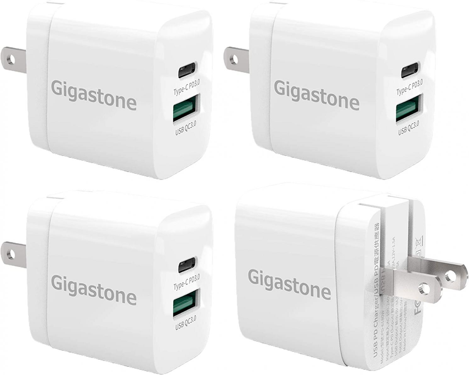 Gigastone 20W USB C Charger 4-Pack, PD3.0 Fast Charger Dual Ports USB C Wall Charger, Type C Charger Fast Charging Compatible with iPhone14/13/12/11/X/Xr/Xs/8, iPad, Samsung, Android Phones