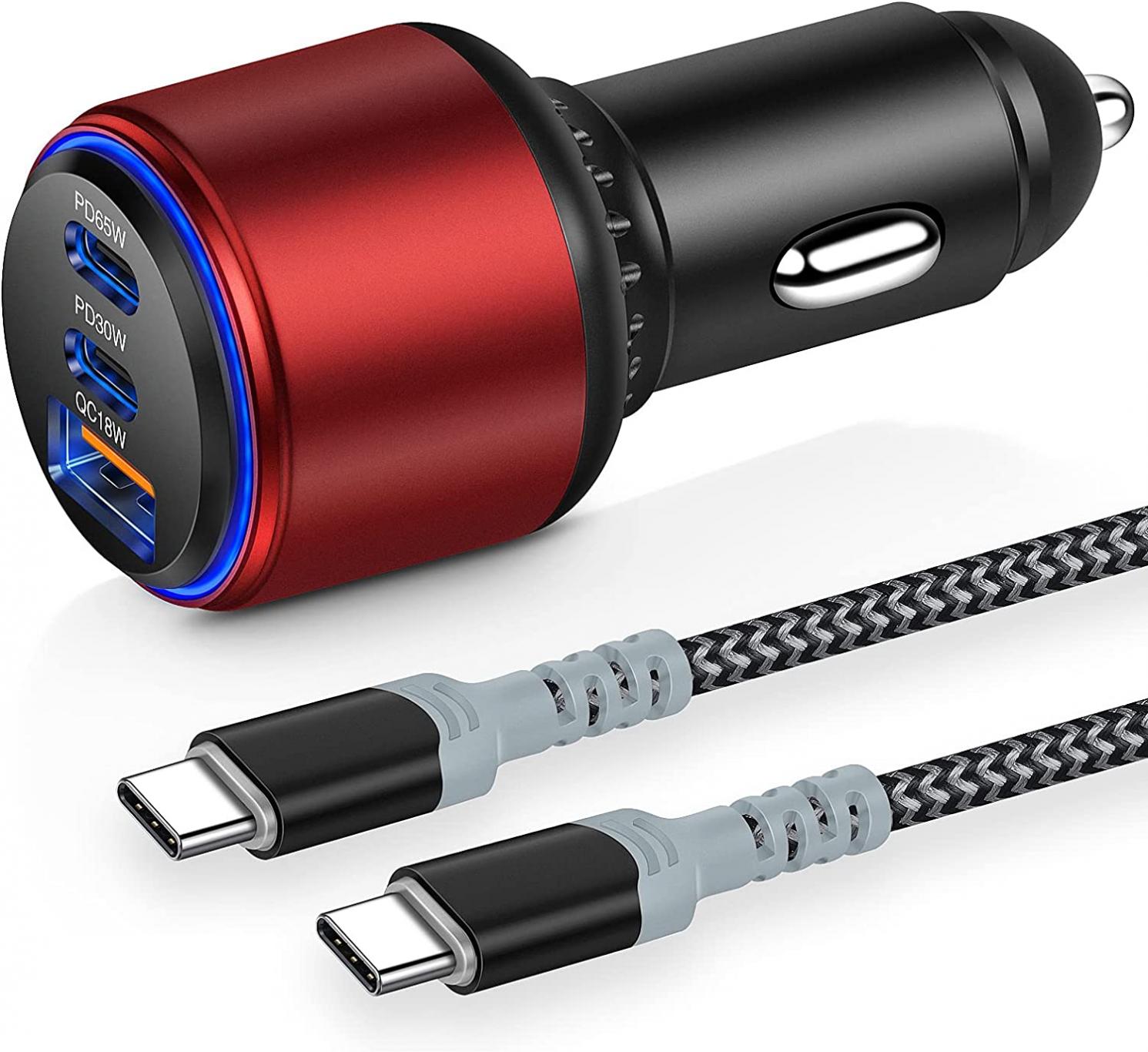 USB C Car Charger【95W 3-Port】 Super Fast Type C Car Charger Adapter with 6FT USB C to C Cable Compatible with iPhone 13 Pro/Samsung S22,iPad MacBook Pro Air Laptop Cigarette Lighter USB Charger Red