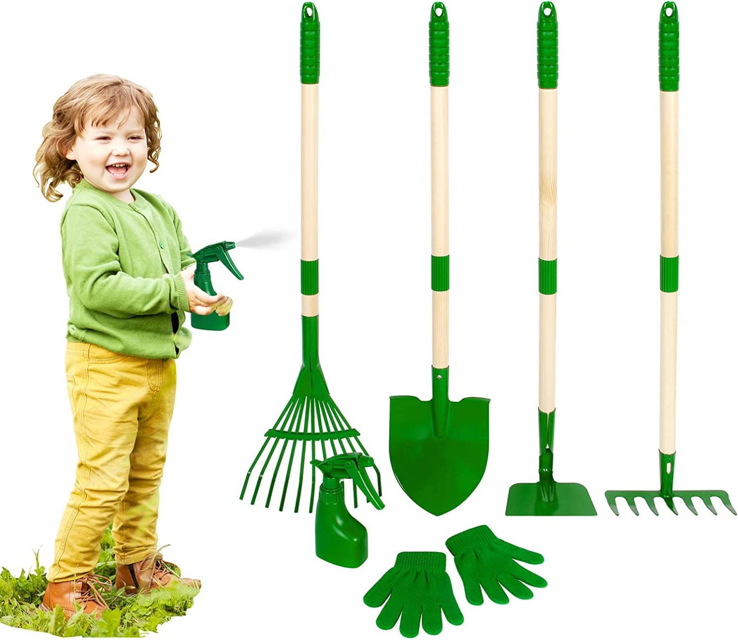 Duckura 6pcs Kids Garden Tools Set, Garden Tools for Kids, Shovel, Rake, Hoe, Leaf Rake, Gardening Gloves, Summer Outdoor Backyard Toys, Christmas Birthday Gifts for Boys Girls Age 3 4 5+ Years Old