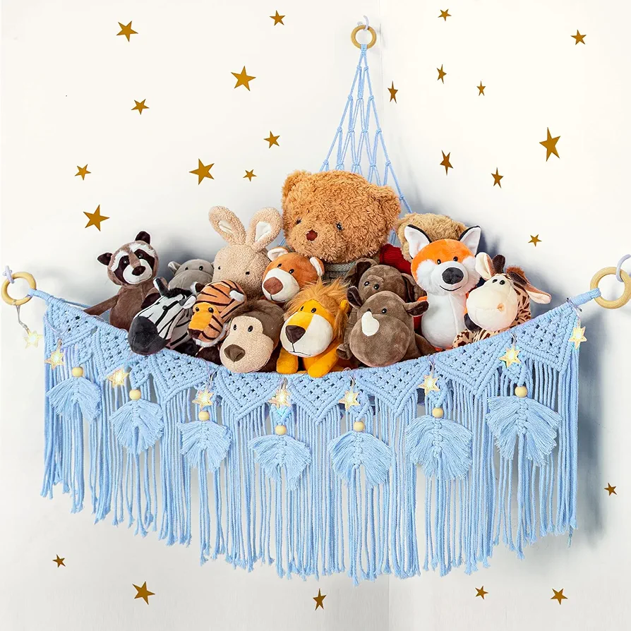 ANROYE Macrame Stuffed Animal Storage with Star Light, Bear Blue Hammock for Girls Room Decor, Corner Hanging Mesh Organizer Idea for Nursery, Plushies Toy Wall Hanging Display Holder Kid Boy Gift