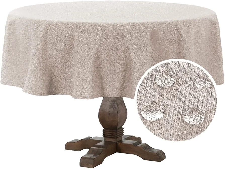 FantasDecor Linen Textured Table Cloths Round Tablecloth Waterproof Spill-Proof Wrinkle Free Cover for Dining Room and Outdoor Use, Pink Sand, 60 x 60 Inch