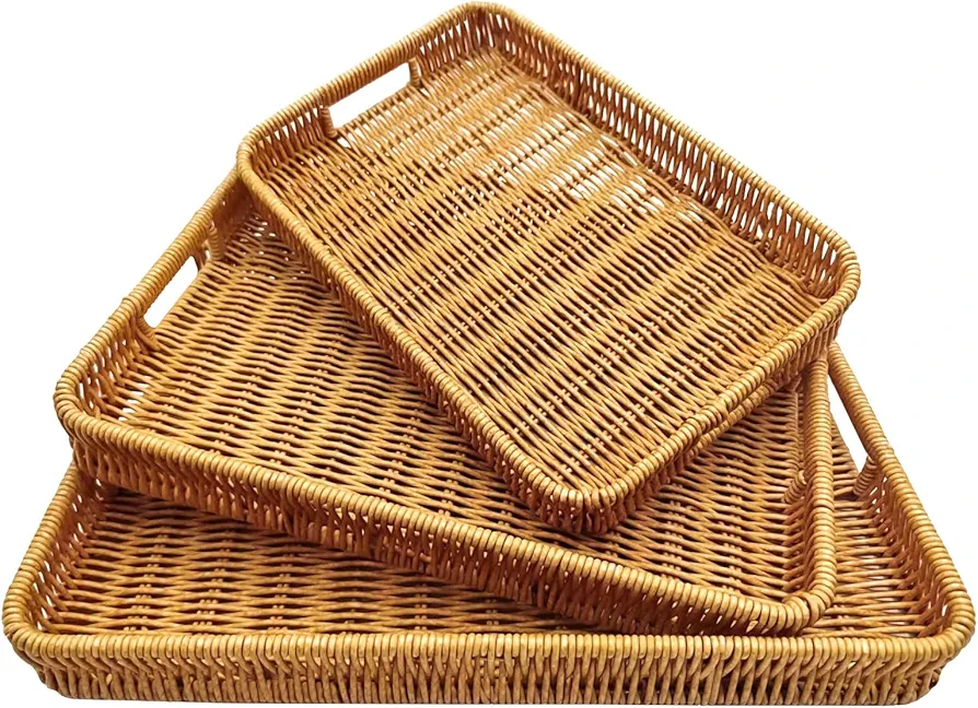 Set of 3 Hand-Woven Rattan Storage Basket With Handles, Imitation Rattan Tray For Kitchen Counter,Living Room,Bathroom,Outdoor Activities, 3sizes