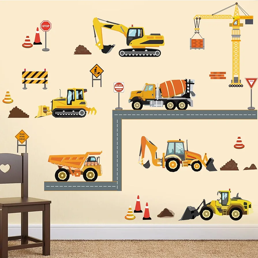 decalmile Construction Vehicles Wall Decals Trucks Tractor Cars Wall Stickers Baby Boys Bedroom Kids Playroom Wall Decor