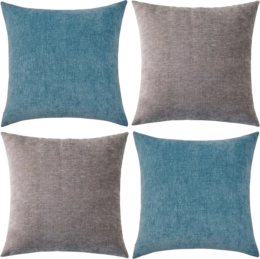 Pack of 2 Couch Throw Pillow Covers 18x18 Inch Soft Square Chenille Pillow Cover for Sofa Living Room Bedroom Car Solid Dyed Pillow Cases (Only Pillowcases) 45x45cm,Smoke Blue, Taupe Grey