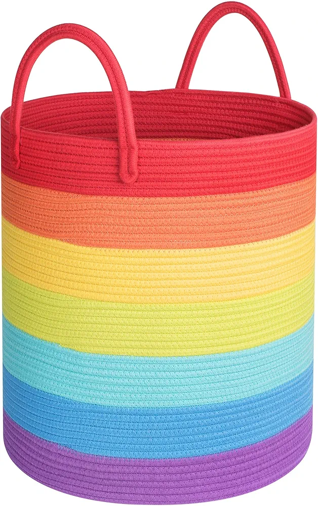 MINTWOOD Design Large Decorative Woven Cotton Rope Basket, Tall Laundry Basket Hamper, Blanket Basket for Living Room, Storage Baskets for Toys, Towel, Throw, Pillow, 60L Rainbow