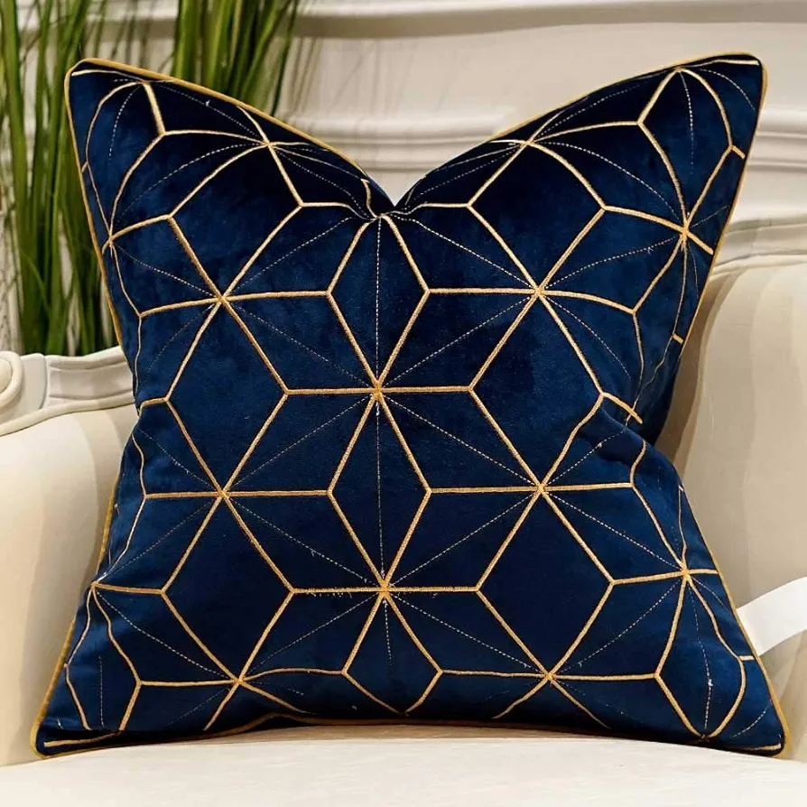 Avigers 18 x 18 Inches Navy Blue Gold Plaid Cushion Case Luxury European Throw Pillow Cover Decorative Pillow for Couch Living Room Bedroom Car