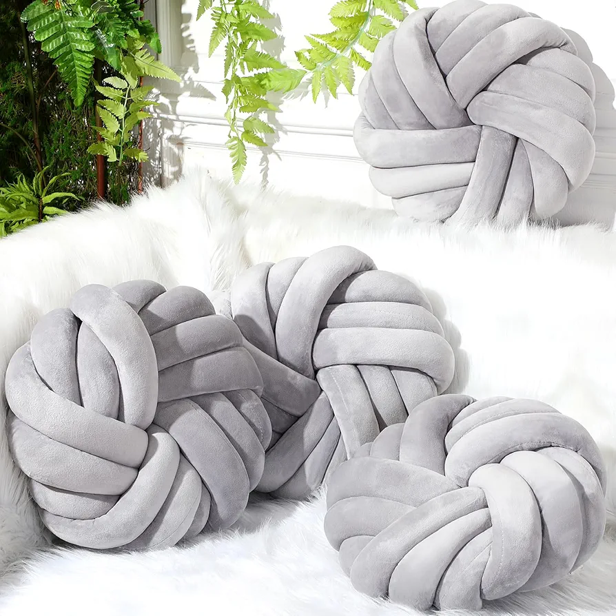 Fumete 4 Pcs Decorative Pillows 14 x 14 Inch Throw Knot Pillow for Couch Bedroom Soft Plush Sofa Pillow Ball Handmade Chair Cushion for Living Room Car Decorations (Gray)