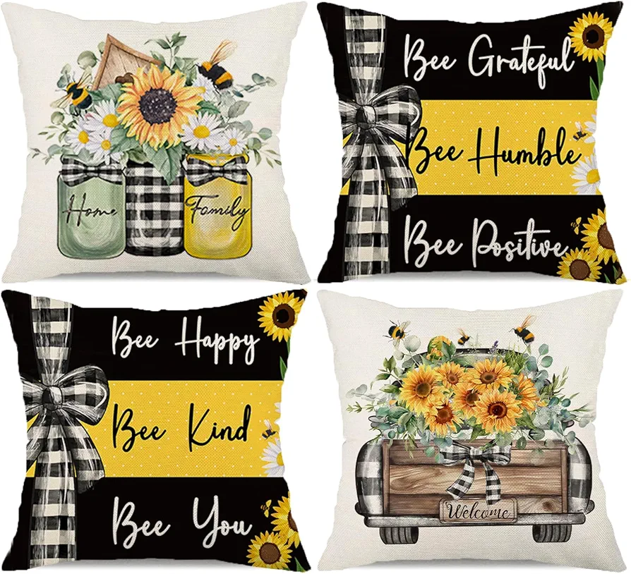 Rustic Sunflower Outdoor Decorative Throw Pillow Covers 20x20 Inch Set of 4, Farmhouse Vintage Summer Bee Sunflower Linen Square Cushion for Living Room Couch and Bed