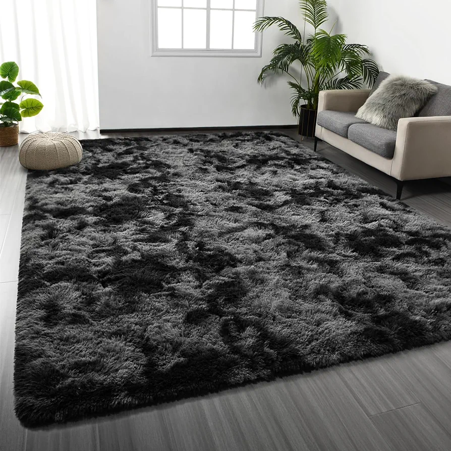 Large Shag Area Rugs 8 x 10, Tie-Dyed Plush Fuzzy Rugs for Living Room, Ultra Soft Fluffy Furry Rugs for Bedroom, Indoor Carpet Nursery Rugs for Kids Room Home Decor, Dark Grey