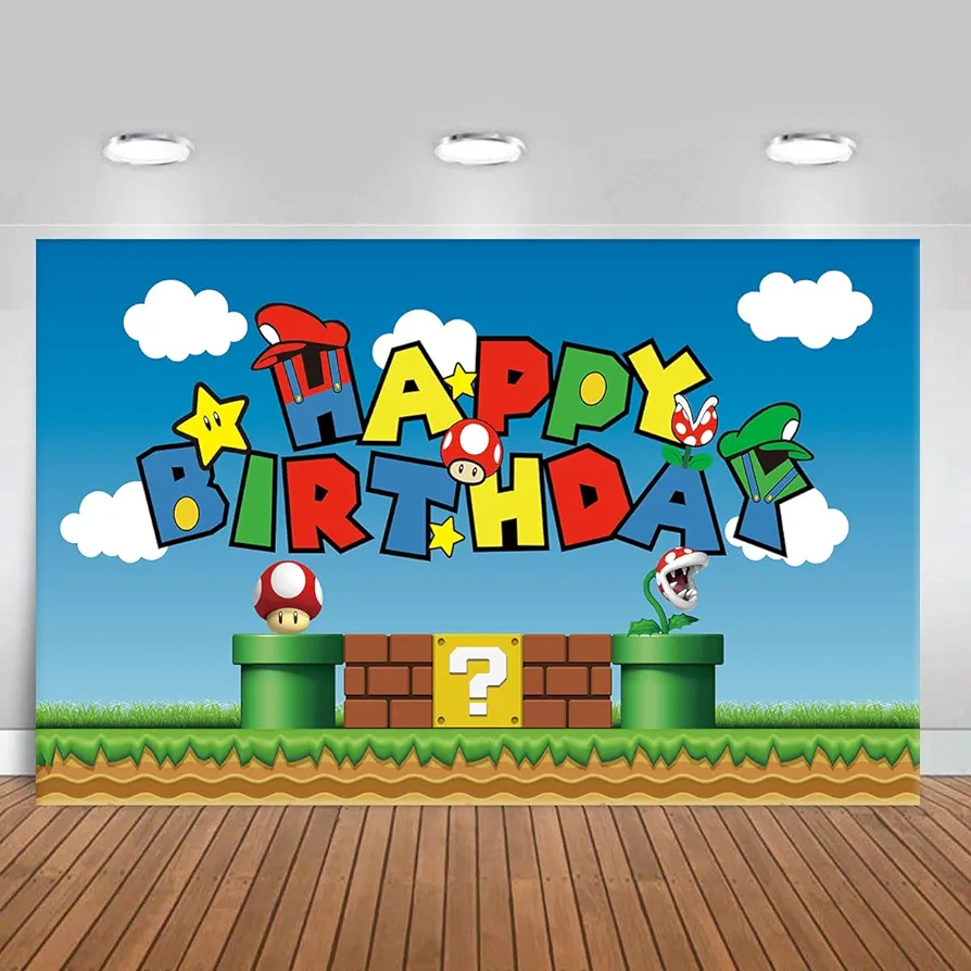 Mario Happy Birthday Party Backdrop, Baby Shower Cake Table Decoration Supplies, Mario Themed Banner (5X3FT)