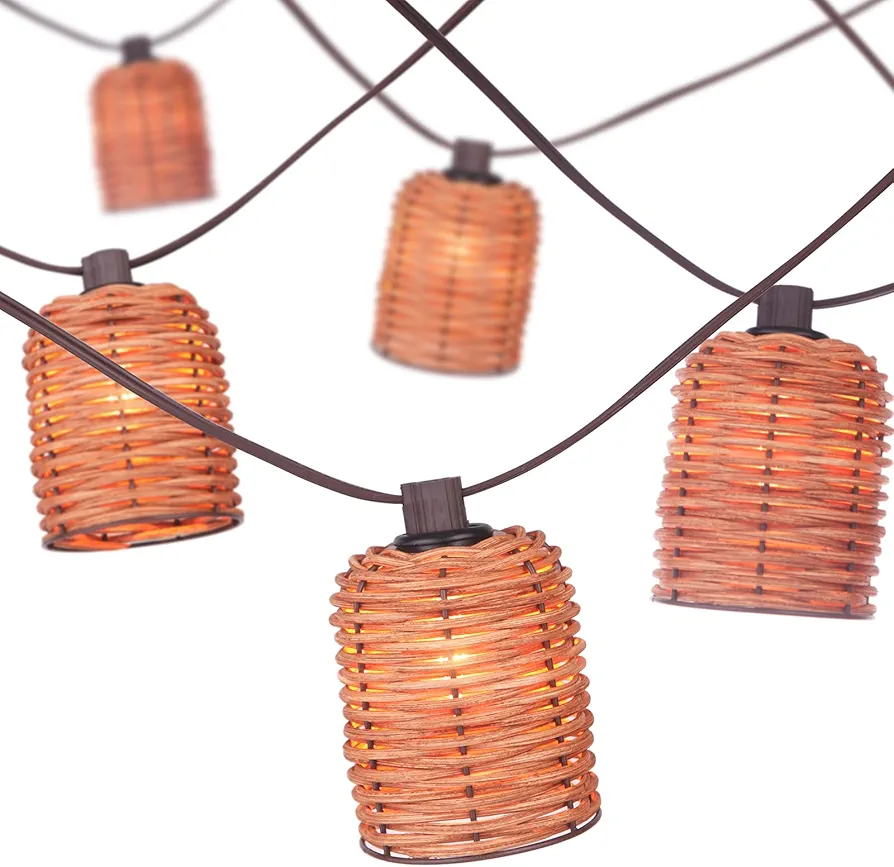 Natural Rattan String Lights, 10 Rustic Raffia Cage Lights,10 Ft Plug in & Connectable Wicker Lights, Rustic Farmhouse Style for Room,Garden,Deck,Patio Decorations, Brown Rattan