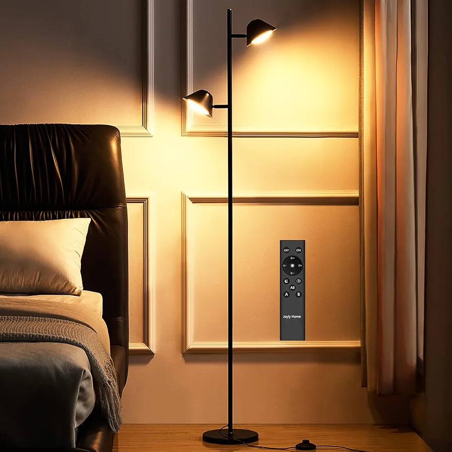 Modern LED Floor Lamp 20W, 2 Rotatable LED Light with Remote, Adjustable Color Temperature and Dimmable Features, Standing Lamp with Timing for Living Room, Bedroom, Office Black