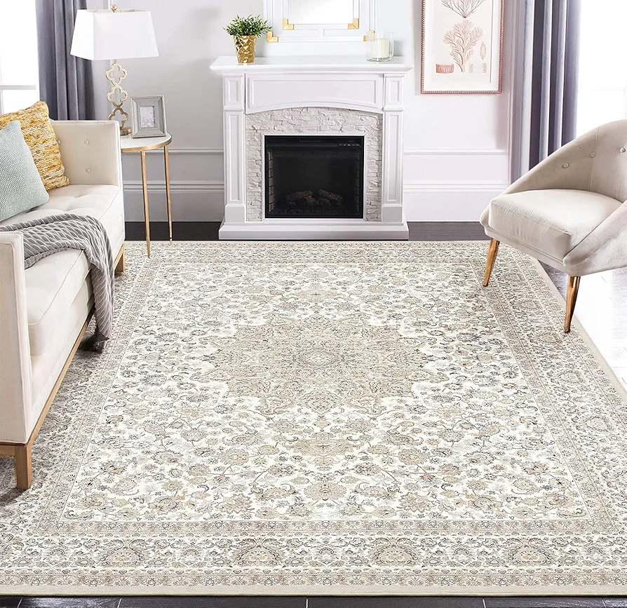 Area Rug Living Room Rugs: 6x9 Large Machine Washable Non Slip Thin Carpet Soft Indoor Luxury Floral Stain Resistant Carpets for Under Dining Table Farmhouse Bedroom Nursery Home Office Beige