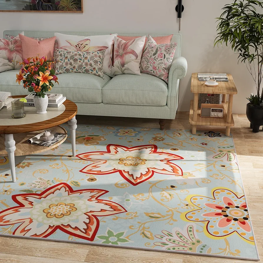 LOCHAS Floral Area Rug 5x7 for Living Room, Washable Rug for Bedroom Kitchen with Rubber Backing, Soft Non Slip Low Pile Flower Print Rugs for Dining Room Kids Nursery Home Decor Carpet, Light Blue