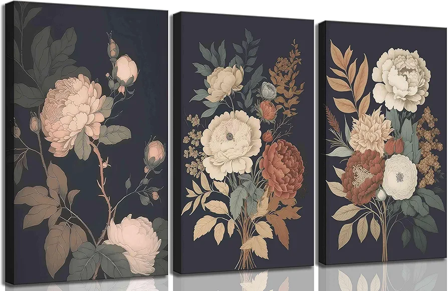 3Pcs Framed Vintage Peony Flower Still Life Canvas Wall art Rustic Dark Floral Plant Painting Picture Farmhouse Wall Decor Posters Print Artwork for Women's Room Living Room Bedroom Home Decoration