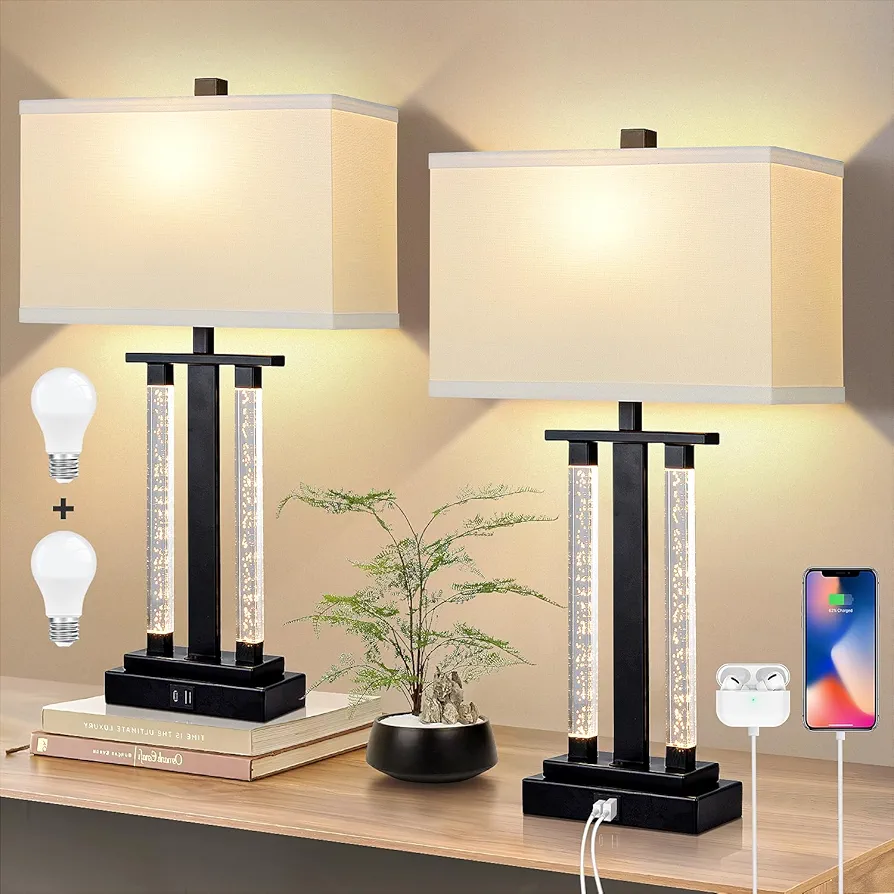 Modern Table Lamps Set of 2, 3-Way Lighting Modes Bedside Table Lamps for Bedroom, Nightstand Table Lamps With USB Charging Port & Type C, 23" Black Table Lamps for Living Room, 2 Bulbs Included