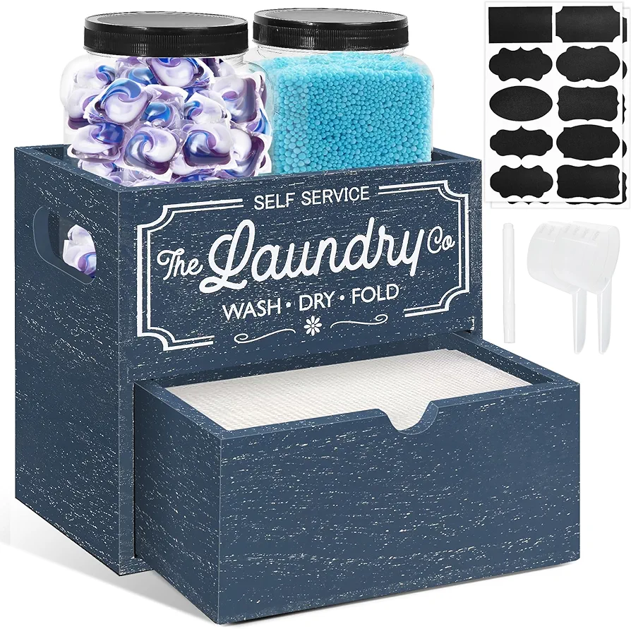 Dryer Sheet Container for Laundry Room Organization, Laundry Pods Container Include 2 Plastic Jars with Lids for Laundry Room Storage, Drying Ball and Laundry Detergent Dispenser, Laundry Room Decor