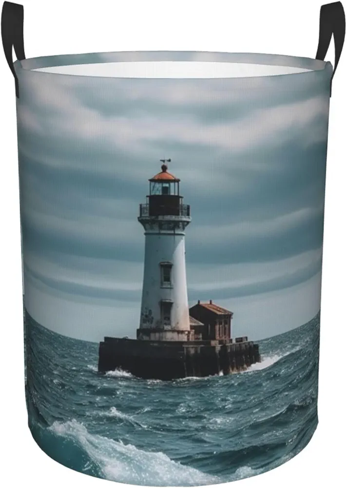 Lighthouse Ocean Print Laundry Basket Circular Laundry Hamper with Handles Waterproof Circular Hamper Dirty Clothes Basket Portable Storage Bin for Home Organizer Living Room Bathroom Car Small