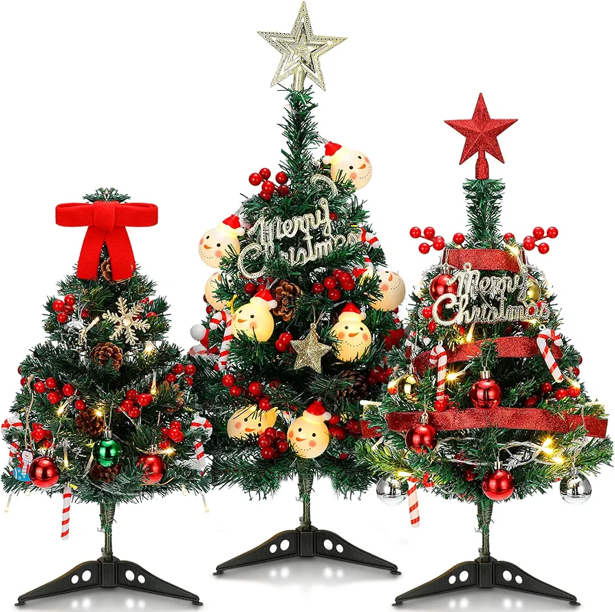 Liliful 3 Pcs Desktop Mini Christmas Tree Small Artificial Christmas Trees with LED Lights and Ornaments 18/20/ 22 Inch Tabletop Xmas Tree for DIY Christmas Decorations