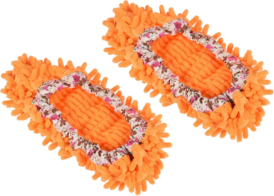 2 Pairs Washable Cleaning Shoes Cover - Floor Cleaning Dust, Chenille Microfiber Duster Mop Slippers, Apply to House Office Room (Orange)