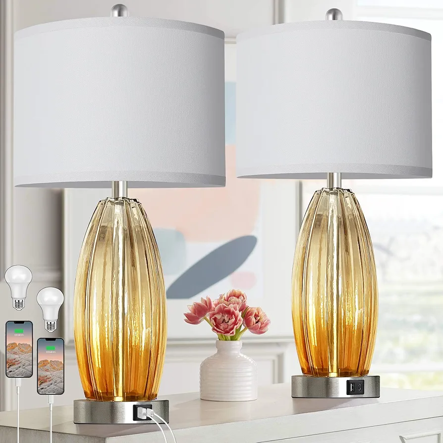 Table Lamps for Living Room Set of 2, Champagne Glass Bedside Table Lamp for Bedroom with USB C+A Ports, Contemporary Coastal Style Side Nightstand Lamps with 2 LED Bulbs for End Tables