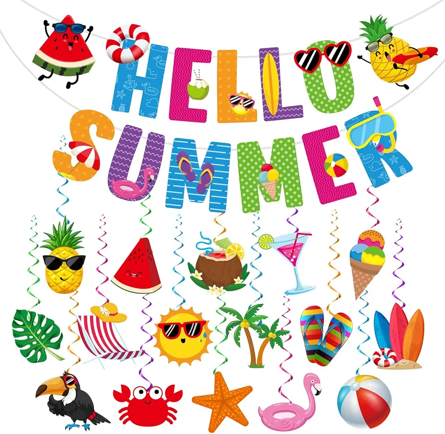 Summer Party Decorations, NO-DIY Summer Decorations includes Hello Summer Banner and Beach Party Decorations Hanging Swirls, Summer Decorations For Home Office Classroom